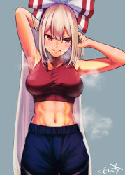Rule 34 | 1girl, abs, absurdres, adjusting hair, arm behind head, armpits, blue background, blue pants, bow, commission, equality taira, fujiwara no mokou, grey hair, hair between eyes, hair bow, highres, long hair, looking at viewer, midriff, navel, pants, red eyes, red shirt, shirt, signature, skeb commission, smile, solo, touhou, very long hair, visible air, white bow