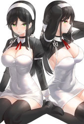 Rule 34 | 1girl, arms up, black hair, black pantyhose, breasts, choker, cleavage, commentary request, covered navel, dress, gloves, green eyes, hairband, highres, kfr, large breasts, lips, long hair, low ponytail, maid, multiple views, original, pantyhose, short dress, sidelocks, simple background, sitting, thighhighs, wariza, white background, white gloves