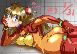 Rule 34 | 1girl, artist request, ass, blue eyes, blush, bodysuit, breasts, brown hair, butt crack, evangelion: 2.0 you can (not) advance, interface headset, long hair, looking at viewer, looking back, lying, medium breasts, neon genesis evangelion, on stomach, pilot suit, plugsuit, rebuild of evangelion, red bodysuit, see-through, see-through bodysuit, shiny clothes, simple background, solo, souryuu asuka langley, test plugsuit, tongue, tongue out, tsundere, two side up, wide hips