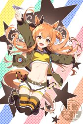 Rule 34 | 1girl, :d, animal ears, arms up, belt, blush, bomber jacket, bow, breasts, brown footwear, brown ribbon, brown thighhighs, commentary, crop top, dog tags, ear ribbon, full body, green belt, green jacket, groin, hair between eyes, halftone, halftone background, highres, holding paper airplane, horse ears, horse girl, horse tail, jacket, kagami (haret46), long hair, long sleeves, looking at viewer, mayano top gun (umamusume), midriff, multicolored background, navel, open clothes, open jacket, open mouth, orange eyes, orange hair, paper airplane, ribbon, shirt, shoes, short shorts, shorts, sidelocks, small breasts, smile, sneakers, solo, star (symbol), starry background, tail, thigh gap, thighhighs, twitter username, two side up, umamusume, watermark, white background, white shorts, yellow shirt, zipper, zipper pull tab