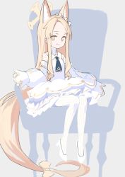Rule 34 | 1girl, absurdly long hair, aji aji nori, animal ears, blonde hair, blue archive, bow, chair, cruciform halo, detached sleeves, dress, forehead, fox ears, frilled dress, frills, grey background, hair bow, halo, highres, long hair, looking at viewer, necktie, pantyhose, parted bangs, seia (blue archive), short necktie, simple background, sitting, sleeve bow, sleeveless, sleeveless dress, sleeves past fingers, sleeves past wrists, solo, very long hair, white dress, white footwear, white pantyhose, yellow eyes