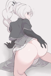 Rule 34 | 1girl, ass, blue eyes, blush, braid, butt crack, censored, dress, gloves, grey background, hand on own ass, highres, juliet sleeves, long hair, long sleeves, looking at viewer, looking back, mosaic censoring, no panties, puffy sleeves, pussy, rwby, simple background, solo, thighs, wangxiii, weiss schnee, white background, white hair