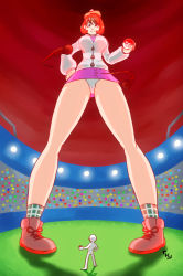 Rule 34 | 1girl, aura, bob cut, boots, breasts, brown eyes, brown footwear, brown hair, cameltoe, cardigan, cloud, cloudy sky, creatures (company), dress, dynamax, female focus, from below, game freak, giant, giantess, gloria (pokemon), green hat, green socks, grey cardigan, hand on own hip, hat, height difference, highres, large breasts, legs, legs apart, long legs, long sleeves, looking at another, looking down, nintendo, outline, panties, pantyshot, pink dress, poke ball, pokemon, pokemon (creature), pokemon battle, pokemon swsh, red sky, short hair, size difference, sky, smile, socks, solo, solo focus, stadium, standing, swept bangs, thighs, underwear, upskirt, white panties, wide hips