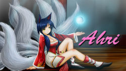 Rule 34 | 1girl, ahri (league of legends), animal ears, blue hair, breasts, cleavage, energy ball, facial mark, fox ears, fox tail, highres, korean clothes, league of legends, long hair, multiple tails, sitting, smile, solo, tail, whisker markings, yellow eyes, zepros0
