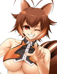 Rule 34 | 1girl, animal ears, antenna hair, arc system works, blazblue, blazblue: continuum shift, breasts, brown eyes, brown hair, cleavage, grin, large breasts, looking at viewer, makoto nanaya, mumumu (road), one eye closed, pointing, short hair, simple background, smile, solo, squirrel ears, squirrel tail, tail, underboob, upper body, white background, wink