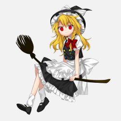 Rule 34 | 100th black market, 1girl, apron, back bow, black footwear, black hat, black skirt, black vest, blonde hair, bow, braid, breasts, broom, broom riding, buttons, closed mouth, commentary request, flying, frills, grey background, hair between eyes, hair bow, harukawa moe (style), hat, hat bow, highres, keiki8296, kirisame marisa, long hair, looking at viewer, medium breasts, multicolored buttons, puffy short sleeves, puffy sleeves, red bow, red eyes, shirt, shoes, short sleeves, simple background, single braid, sitting, skirt, smile, socks, solo, touhou, vest, white apron, white bow, white shirt, white socks, witch hat