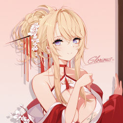 Rule 34 | 1girl, absurdres, alternate hairstyle, azur lane, bare shoulders, blonde hair, blue eyes, bow, breasts, character name, cleavage, closed mouth, dress, flower, glorious (azur lane), glorious (pungent plum) (azur lane), hair bow, hair flower, hair ornament, hand up, highres, long hair, looking at viewer, medium breasts, official alternate costume, rabe26k, red dress, simple background, smile, solo focus