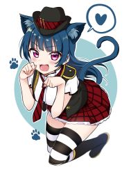Rule 34 | 1girl, :d, animal ear fluff, animal ears, black footwear, black hat, black vest, blue background, blue hair, blush, boots, breasts, cat ears, cat girl, cat tail, deadnooodles, diagonal-striped clothes, diagonal-striped necktie, diagonal-striped neckwear, fang, full body, hands up, hat, heart, highres, kemonomimi mode, knee boots, long hair, looking at viewer, love live!, love live! school idol festival, love live! sunshine!!, medium breasts, mini hat, necktie, open mouth, outline, paw pose, pleated skirt, purple eyes, red necktie, red skirt, shirt, skirt, smile, solo, spoken heart, striped clothes, striped necktie, striped neckwear, striped thighhighs, tail, thighhighs, thighhighs under boots, tsushima yoshiko, two-tone background, v-shaped eyebrows, very long hair, vest, white background, white outline, white shirt