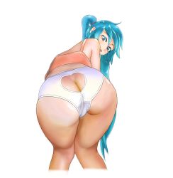 Rule 34 | 00s, 1girl, aqua eyes, aqua hair, ass, ass cutout, bent over, butt crack, camisole, clothing cutout, eyebrows, from behind, hatsune miku, heart, heart cutout, highres, koba (furikake-p), long hair, looking back, panties, simple background, solo, twintails, underwear, very long hair, vocaloid, white background, white panties