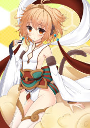 Rule 34 | 10s, 1girl, andira (granblue fantasy), animal ears, antenna hair, blonde hair, blush, breasts, cloud, detached pants, detached sleeves, erune, flying nimbus, granblue fantasy, highres, looking at viewer, monkey ears, monkey tail, orange hair, red eyes, short hair, sitting, small breasts, solo, tail, tanakahazime, thighhighs, thighs