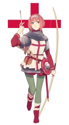Rule 34 | 1girl, alternate costume, ark royal (kancolle), armor, arrow (projectile), blue eyes, blush, bow (weapon), chainmail, dagger, dongsa wonhyong, full body, hairband, highres, kantai collection, knife, long sleeves, open mouth, red hair, sheath, sheathed, shield, short hair, solo, tiara, weapon, white background