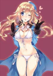 Rule 34 | 10s, 1girl, atago (kancolle), bad id, bad pixiv id, bikini, blonde hair, blue eyes, breasts, cleavage, front-tie top, gloves, hair between eyes, hat, highres, kantai collection, kureaki (exit), navel, one eye closed, panties, pink background, shiny skin, side-tie bikini bottom, side-tie panties, solo, string bikini, swimsuit, thighs, tongue, tongue out, underboob, underwear, white bikini, wink