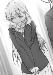 Rule 34 | 1boy, 1girl, blazer, blush, cowboy shot, dutch angle, gamers!, greyscale, highres, jacket, long hair, long sleeves, looking away, monochrome, novel illustration, official art, pleated skirt, saboten, scarf, scarf over mouth, skirt, solo focus, standing, very long hair