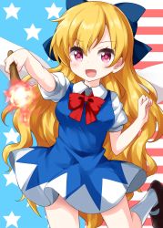 Rule 34 | 1girl, american flag, american flag background, blonde hair, blue bow, blue dress, bow, bowtie, breasts, cirno, cirno (cosplay), clownpiece, collared shirt, cosplay, dress, fairy wings, fire, flag background, hair bow, highres, long hair, looking at viewer, mary janes, open mouth, purple eyes, red bow, red bowtie, ruu (tksymkw), shirt, shoes, socks, solo, star (symbol), torch, touhou, very long hair, white socks, wings
