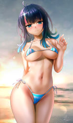 Rule 34 | 1girl, absurdres, ahoge, aqua eyes, arm behind back, beach, besmiled, bikini, blue bikini, blue hair, blush, breasts, closed mouth, cloud, cloudy sky, colored tips, commentary request, commission, cowboy shot, dark blue hair, fate/grand order, fate/requiem, fate (series), glint, gradient hair, hair ornament, hand up, highres, hip focus, lens flare, looking at viewer, medium breasts, medium hair, multicolored hair, navel, pixiv commission, raised eyebrows, side-tie bikini bottom, skindentation, sky, solo, stomach, striped bikini, striped clothes, sunset, swimsuit, utsumi erice, water, water drop
