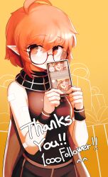Rule 34 | 1girl, ahoge, bandaid, bandaid on arm, bandaid on face, bare shoulders, black shirt, blush, box, breasts, cape, cellphone, character request, covered mouth, covering own mouth, cowboy shot, dungeon and fighter, english text, gift, gift box, glasses, hair between eyes, highres, holding, holding phone, hwaryeok, looking at viewer, medium breasts, milestone celebration, orange background, orange eyes, orange hair, phone, pointy ears, red-framed eyewear, round eyewear, scarf, semi-rimless eyewear, shirt, short hair, sleeveless, sleeveless shirt, smartphone, solo, under-rim eyewear, upper body, wristband
