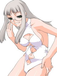 Rule 34 | 00s, 1girl, adjusting eyewear, breasts, casual one-piece swimsuit, cleavage, cleavage cutout, clothing cutout, fate/stay night, fate (series), glasses, green eyes, grey hair, grin, hand on own hip, himuro kane, hip focus, large breasts, leaning forward, long hair, naughty face, navel, one-piece swimsuit, shinama, sideboob, simple background, smile, solo, swimsuit, underboob