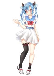Rule 34 | 1girl, black thighhighs, blue hair, blue sailor collar, blush, bow, brown eyes, commentary request, full body, funyariko, hair between eyes, hair ornament, hand up, head tilt, highres, loafers, long hair, looking at viewer, original, parted lips, puffy short sleeves, puffy sleeves, red bow, sailor collar, school uniform, serafuku, shirt, shoes, short sleeves, simple background, single sock, single thighhigh, skirt, socks, solo, standing, thighhighs, twintails, white background, white footwear, white shirt, white skirt