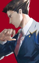 Rule 34 | 1boy, ace attorney, black eyes, black hair, brown hair, closed mouth, collared shirt, dress shirt, expressionless, formal, hair slicked back, hand up, highres, isshiki (1sshiki), long sleeves, looking to the side, male focus, necktie, phoenix wright, red background, red necktie, shirt, short hair, solo, spiked hair, upper body, vest, white shirt