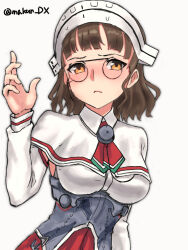 Rule 34 | 1girl, breasts, brown eyes, brown hair, capelet, corset, glasses, headdress, highres, kantai collection, large breasts, looking at viewer, maakun (makun dx), neckerchief, one-hour drawing challenge, pince-nez, red neckerchief, roma (kancolle), short hair, simple background, solo, twitter username, white background, white capelet
