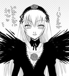 Rule 34 | 00s, 1girl, blood, collarbone, detached collar, flower, grey background, greyscale, hairband, lolita hairband, looking at viewer, lowres, monochrome, nosebleed, rose, rozen maiden, simple background, solo, suigintou, upper body, wings