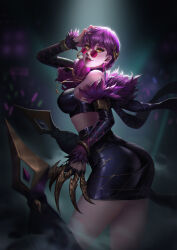 Rule 34 | 1girl, bare shoulders, black choker, black skirt, breasts, choker, chromatic aberration, claw (weapon), claws, concert, crop top, dailiangzueiai, detached sleeves, earrings, evelynn (league of legends), glowstick, headset, highres, idol, jewelry, k/da (league of legends), k/da evelynn, league of legends, lipstick, long hair, looking at viewer, looking over eyewear, makeup, medium breasts, official alternate costume, official alternate hairstyle, parted lips, pink-tinted eyewear, purple hair, round eyewear, skirt, smile, solo, stage lights, sunglasses, tinted eyewear, weapon, yellow eyes