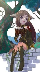 Rule 34 | 1girl, :d, animal ears, black dress, black footwear, book, boots, brick, brown eyes, brown hair, brown pantyhose, collarbone, day, dress, eyelashes, forest, gloves, hair ornament, highres, holding, holding book, leaf, legs, light smile, long hair, long sleeves, nature, nishiya yasushi, open mouth, outdoors, pantyhose, parted bangs, shadow, sidelocks, sitting, skirt, sky, smile, solo, swept bangs, tail, teeth, the alliance alive, thick eyebrows, tongue, tree, upper teeth only, vivian vin esmerode, white gloves