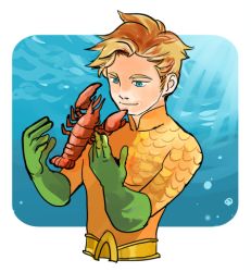 Rule 34 | 1boy, aqua man, aquaman (series), armor, belt, blonde hair, blue eyes, dc comics, gloves, green gloves, imo (ume syrop), lobster, lowres, male focus, scale armor, solo, underwater, water