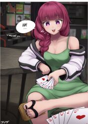 Rule 34 | 1girl, @ @, absurdres, blunt bangs, bocchi the rock!, braid, breasts, card, cleavage, commission, dress, efreezerarts, english text, feet, female focus, green dress, highres, hiroi kikuri, holding, holding card, jacket, long hair, long sleeves, medium breasts, nail polish, open clothes, open jacket, open mouth, playing card, poker, pov, purple eyes, purple hair, purple nails, royal flush, sitting, speech bubble, teeth, toenail polish, toenails, toes, upper teeth only