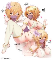 Rule 34 | 1girl, absurdres, alternate breast size, armlet, blonde hair, breasts, commentary, disembodied penis, english commentary, fellatio, fellatio under mask, flower, genshin impact, hair flower, hair ornament, heart, hetero, highres, large breasts, leg up, lumine (genshin impact), multiple views, oral, paizuri, penis, sex, sex from behind, soveno, standing, standing sex, stirrup legwear, thighhighs, toeless legwear, vaginal, veil, white thighhighs, yellow eyes