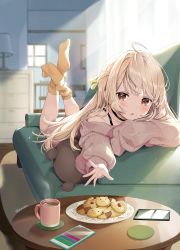Rule 34 | 1girl, :o, absurdres, ahoge, akamoku, bare shoulders, blonde hair, braid, brown eyes, cellphone, chest of drawers, coaster, collarbone, cookie, couch, crossed ankles, cup, day, food, hair ribbon, highres, house, indoors, lamp, light particles, long hair, long sleeves, lying, mug, no shoes, off-shoulder sweater, off shoulder, on stomach, orange socks, original, outstretched arm, phone, pink sweater, plate, reaching, reaching towards viewer, ribbon, rug, sleeves past fingers, sleeves past wrists, smartphone, socks, solo, steam, strap, stuffed animal, stuffed toy, sunlight, sweater, table, teddy bear, window
