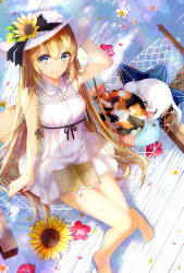 Rule 34 | 1girl, absurdres, animal, arm at side, bare shoulders, barefoot, black ribbon, blonde hair, blue eyes, book, braid, breasts, buttons, cat, closed mouth, collared shirt, day, dress, feet, flower, from above, gari (apollonica), hair between eyes, hair ornament, hair ribbon, hammock, hand on headwear, hand up, hat, hat flower, hat ribbon, highres, long hair, looking at viewer, medium breasts, on lap, open book, original, outdoors, petals, ribbon, sash, shirt, short dress, side braid, sitting, sleeping, sleeveless, sleeveless dress, smile, solo, summer, sun hat, sundress, sunflower, toenails, toes, tress ribbon, white cat, yellow flower