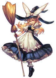 Rule 34 | 1girl, apron, bamboo broom, black footwear, blonde hair, bobby socks, bow, braid, broom, commentary request, fang, frilled apron, frilled socks, frills, full body, hair bow, hand on headwear, hat, hat bow, holding, holding broom, kirisame marisa, lack, long hair, long skirt, looking at viewer, open mouth, orange eyes, petticoat, puffy short sleeves, puffy sleeves, shoes, short sleeves, side braid, simple background, single braid, skirt, skirt set, smile, socks, solo, touhou, waist apron, white background, white bow, white socks, witch hat