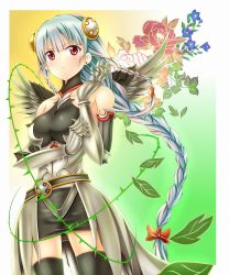 Rule 34 | 1girl, bare shoulders, blush, braid, earrings, elbow gloves, flower, gloves, hair ornament, jewelry, light valkyrie (p&amp;d), long hair, puzzle &amp; dragons, red eyes, ryuu (blackdeeno), silver hair, thighhighs, valkyrie (p&amp;d), wings