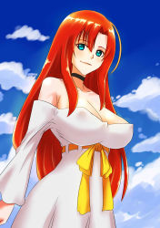Rule 34 | 1girl, absurdres, black choker, blue eyes, boudica (fate), boudica (third ascension) (fate), breasts, choker, cleavage, cloud, cloudy sky, covered erect nipples, day, der zweite, dress, fate/grand order, fate (series), highres, large breasts, light smile, long hair, looking at viewer, looking down, off-shoulder dress, off shoulder, red hair, ribbon, sky, solo, strapless, strapless dress, white dress, yellow ribbon