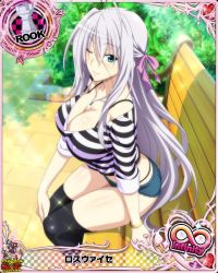 Rule 34 | 10s, 1girl, artist request, blue eyes, breasts, card (medium), character name, chess piece, cleavage, denim, denim shorts, hair ribbon, high school dxd, high school dxd infinity, large breasts, long hair, official art, ribbon, rook (chess), rossweisse, short shorts, shorts, silver hair, solo, thighhighs, trading card, underwear