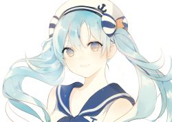 Rule 34 | 1girl, blue eyes, blue hair, bow, hat, hatsune miku, long hair, looking at viewer, lpip, marine miku, matching hair/eyes, school uniform, serafuku, simple background, sleeveless, smile, solo, striped, striped bow, twintails, upper body, vocaloid, white background