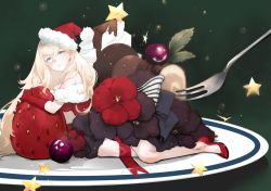 Rule 34 | 1girl, bad id, bad pixiv id, blonde hair, blue eyes, blush, breasts, cherry, dress, food, fork, from side, fruit, full body, fur-trimmed dress, fur trim, gloves, green background, hair between eyes, hat, high heels, in food, kantai collection, long hair, looking at viewer, mini person, minigirl, mole, mole under eye, mole under mouth, neko (ganecooo), plate, pudding, pumps, red dress, red footwear, red gloves, richelieu (kancolle), santa hat, sitting, smile, solo, star (symbol), strawberry, very long hair