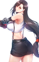 Rule 34 | 1girl, ass, bare shoulders, black hair, black skirt, breasts, commentary request, covered erect nipples, earrings, elbow pads, final fantasy, final fantasy vii, jewelry, large breasts, lips, long hair, looking at viewer, looking back, low-tied long hair, midriff, miniskirt, red eyes, shiny skin, simple background, skirt, sleeveless, smile, solo, suspender skirt, suspenders, tank top, tifa lockhart, very long hair, white tank top, zucchini
