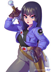 Rule 34 | 1girl, belt, black hair, black shirt, blue eyes, blue jacket, blunt bangs, breasts, brown gloves, capsule corp, closed mouth, cosplay, dragon ball, dragon ball (classic), dragonball z, gloves, gun, holding, holding gun, holding sword, holding weapon, jacket, kajin (kajinman), long hair, mai (dragon ball), makeup, open clothes, open jacket, pants, pout, red lips, shirt, simple background, solo, sword, sword behind back, trunks (dragon ball), trunks (future) (dragon ball), trunks (future) (dragon ball) (cosplay), weapon, white background