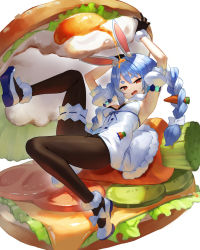 Rule 34 | 1girl, absurdres, animal ear fluff, animal ears, ankle cuffs, armpits, black gloves, black pantyhose, black thighhighs, blue hair, braid, breasts, burger, carrot, carrot hair ornament, cheese, commentary request, detached sleeves, dress, fast food, food, food-themed hair ornament, food on head, full body, fur trim, gloves, hair ornament, highres, hololive, in food, leotard, lettuce, long hair, looking at viewer, multicolored hair, object on head, open mouth, pantyhose, rabbit ears, rabbit girl, scottie (phantom2), shoes, small breasts, strapless, sweatdrop, thick eyebrows, thigh strap, thighhighs, tomato, twin braids, two-tone hair, usada pekora, usada pekora (1st costume), virtual youtuber, white dress, white hair