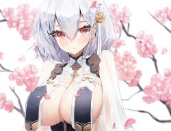 Rule 34 | 1girl, alternate costume, ankkoyom, azur lane, bad id, bad pixiv id, blush, braid, breasts, cape, cherry blossoms, cleavage, closed mouth, floral background, flower, hair between eyes, hair flower, hair ornament, heart, highres, large breasts, petals, red eyes, revealing clothes, rose, short hair, signature, silver hair, sirius (azur lane), sirius (azure horizons) (azur lane), solo, upper body, white cape, yellow flower, yellow rose