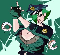 Rule 34 | 1girl, arms up, avis (strangehero), badge, blue shirt, borrowed character, bra, breasts, bursting breasts, cleavage, collarbone, commentary, commission, doughnut, earrings, english commentary, female focus, finger gun, floral print, food, green background, green eyes, hair over one eye, hat, hellonearth-iii, huge breasts, jewelry, looking at viewer, mole, mole under mouth, original, own hands together, piercing, police, police hat, police uniform, policewoman, shirt, short sleeves, simple background, solo, strangehero, thick lips, tongue, tongue out, toon (style), underwear, uniform, upper body, v-shaped eyebrows