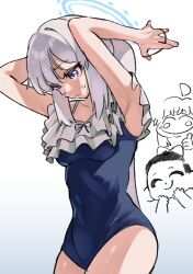 Rule 34 | 1boy, 2girls, adjusting hair, bare arms, bare legs, bare shoulders, blue archive, blue halo, blue one-piece swimsuit, blush, breasts, closed mouth, cowboy shot, doodle sensei (blue archive), frilled one-piece swimsuit, frills, gradient background, grey hair, halo, highres, je o mo, kaya (blue archive), long hair, miyako (blue archive), miyako (swimsuit) (blue archive), multiple girls, official alternate costume, one-piece swimsuit, purple eyes, sensei (blue archive), small breasts, swimsuit
