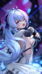 Rule 34 | 1girl, ;d, ahoge, black gloves, blue eyes, blue hair, braid, breasts, chinese commentary, commentary, commentary request, dress, fang, fingerless gloves, from side, gloves, hair ornament, hairclip, highres, holding, holding microphone, honkai (series), honkai impact 3rd, long hair, looking at viewer, medium breasts, microphone, one eye closed, open mouth, pink pupils, pointing, pointing at viewer, ponytail, shigure kira, sideboob, smile, solo, upper body, very long hair, white dress, yelan xing xuan