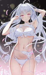 Rule 34 | 1girl, absurdres, ahoge, armpits, bare shoulders, bikini, breasts, cleavage, fate/grand order, fate (series), frilled bikini, frills, highres, lady avalon (fate), lady avalon (second ascension) (fate), long hair, looking at viewer, mailixiang, medium breasts, merlin (fate/prototype), navel, purple eyes, solo, swimsuit, thighs, very long hair, white bikini, white hair