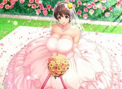 Rule 34 | 10s, 1girl, :d, alternate costume, arm at side, bare shoulders, bell, blush, bouquet, bow, breasts, bridal veil, brown hair, bush, cleavage, cobblestone, collarbone, cowbell, dress, elbow gloves, falling petals, flower, gloves, grass, hair bell, hair bow, hair ornament, holding, holding bouquet, huge breasts, idolmaster, idolmaster cinderella girls, jewelry, layered dress, light particles, long dress, looking at viewer, necklace, oikawa shizuku, open mouth, outdoors, pearl necklace, petals, pink flower, pink rose, red flower, rose, rose bush, short hair, smile, solo, sparkle, standing, strapless, strapless dress, sunlight, umasan, veil, wedding, wedding dress, white bow, white dress, white gloves, yellow eyes, yellow flower