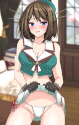 Rule 34 | 1girl, bed, black gloves, blue eyes, blurry, blurry background, blush, book, book stack, breasts, brown hair, cleavage, clothes lift, collared shirt, commentary request, cropped shirt, embarrassed, fundoshi, gloves, gluteal fold, green hat, green shirt, hair ornament, hat, headgear, highres, indoors, japanese clothes, kantai collection, large breasts, lifted by self, maya (kancolle), maya kai ni (kancolle), midriff, mini hat, nitamako (sakamalh), pleated skirt, shirt, short hair, skirt, skirt lift, sleeveless, sleeveless shirt, solo, window, x hair ornament