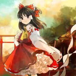 Rule 34 | 1girl, ascot, black eyes, black hair, bow, closed mouth, commentary request, day, dress, flat chest, frilled ribbon, frills, gohei, hair ribbon, hair tubes, hakurei reimu, hand up, holding, holding gohei, kaigen 1025, long hair, outdoors, petticoat, red bow, red dress, red ribbon, red vest, ribbon, ribbon-trimmed collar, ribbon-trimmed sleeves, ribbon trim, shirt, sleeve bow, sleeveless, sleeveless shirt, smile, solo, torii, touhou, vest, white bow, white shirt, yellow ascot