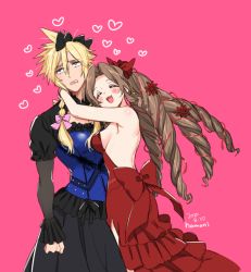 Rule 34 | :3, aerith gainsborough, aerith gainsborough (red dress), blonde hair, bow, breasts, cloud strife, dress, drill hair, fang, final fantasy, final fantasy vii, final fantasy vii remake, frilled sleeves, frills, hair bow, hair ribbon, heart, hug, krudears, open mouth, pink background, red dress, ribbon, sideboob, smile, spiked hair, square enix, wall market
